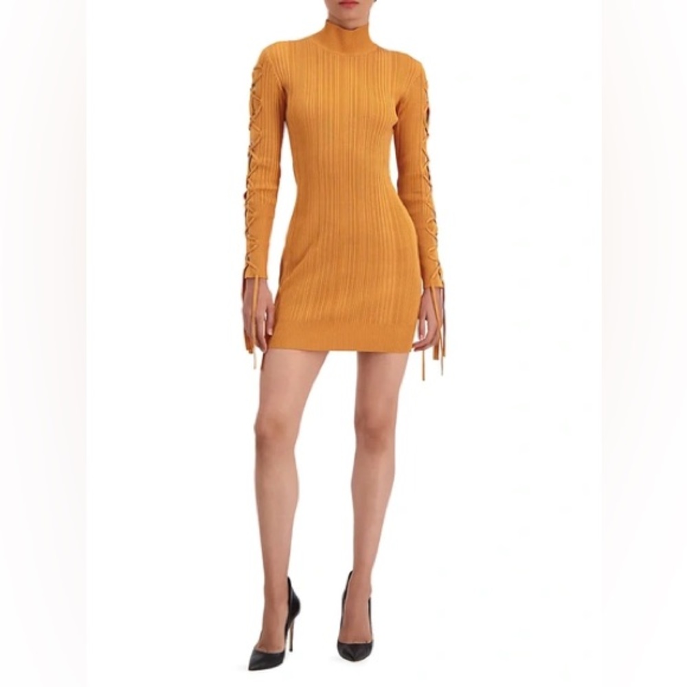 Herve Leger Ribbed Side Long Sleeve Lace Up Dress Sz L - Picture 3 of 3